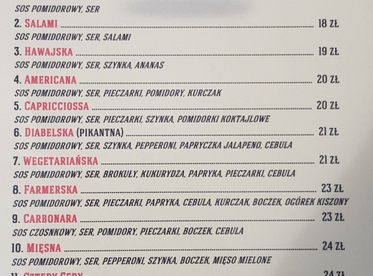 Pod Łososiem Nasze menu Pizza 2018