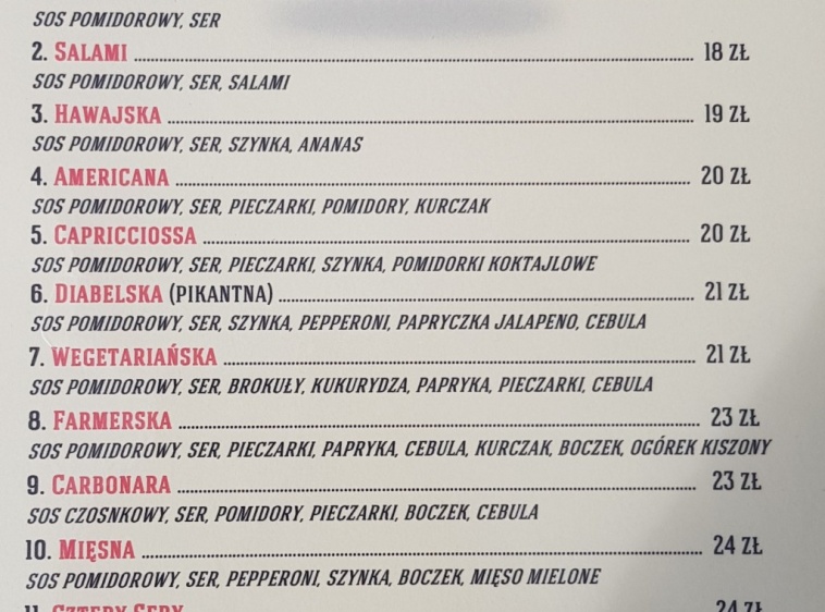 Pod Łososiem Nasze menu Pizza 2018