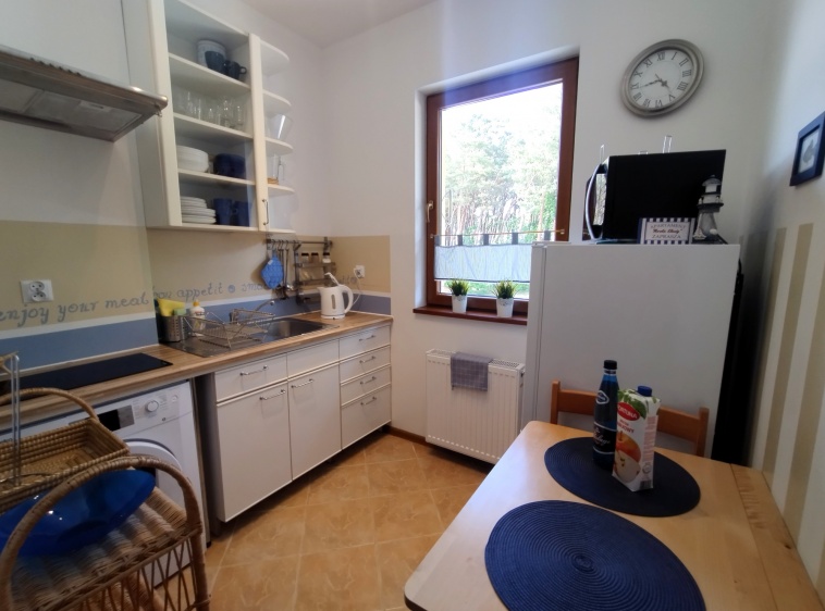 Apartament Morskie Klimaty kuchnia-lodówka,mikrofala,pralka,płyta grzewcza